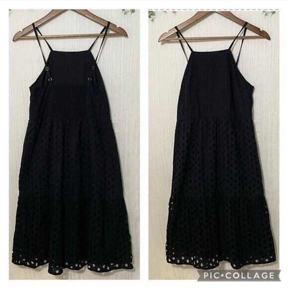 Loft Black Eyelet Midi Dress 2 Petite Cotton Tiered Adjustable Straps Summer - Picture 2 of 13